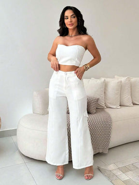 Conjunto Feminino Alfaiataria Casual Elegante Calça Cargo e Top