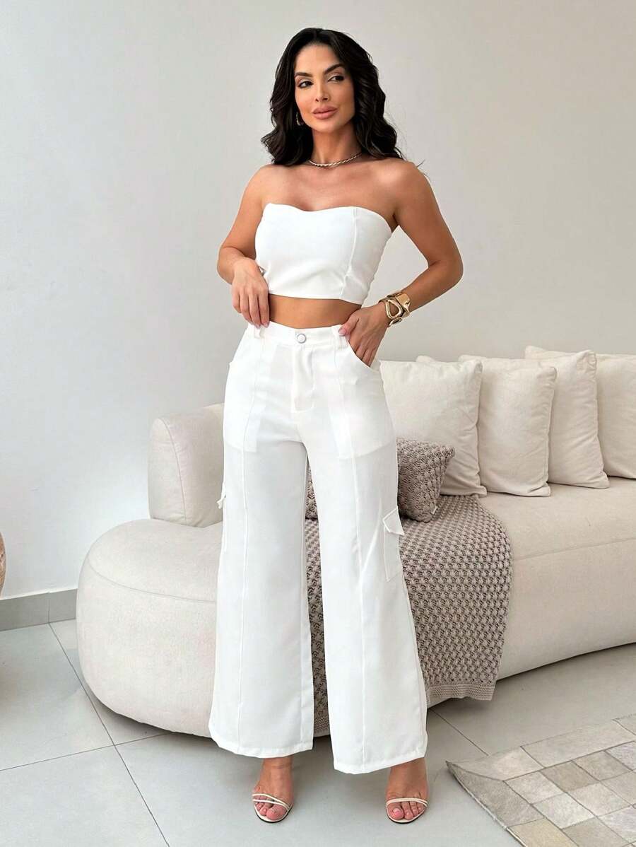 Conjunto Feminino Alfaiataria Casual Elegante Calça Cargo e Top