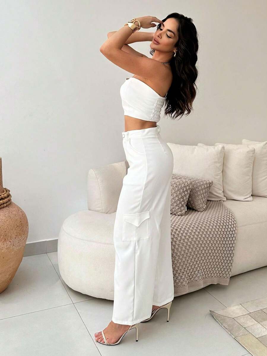 Conjunto Feminino Alfaiataria Casual Elegante Calça Cargo e Top