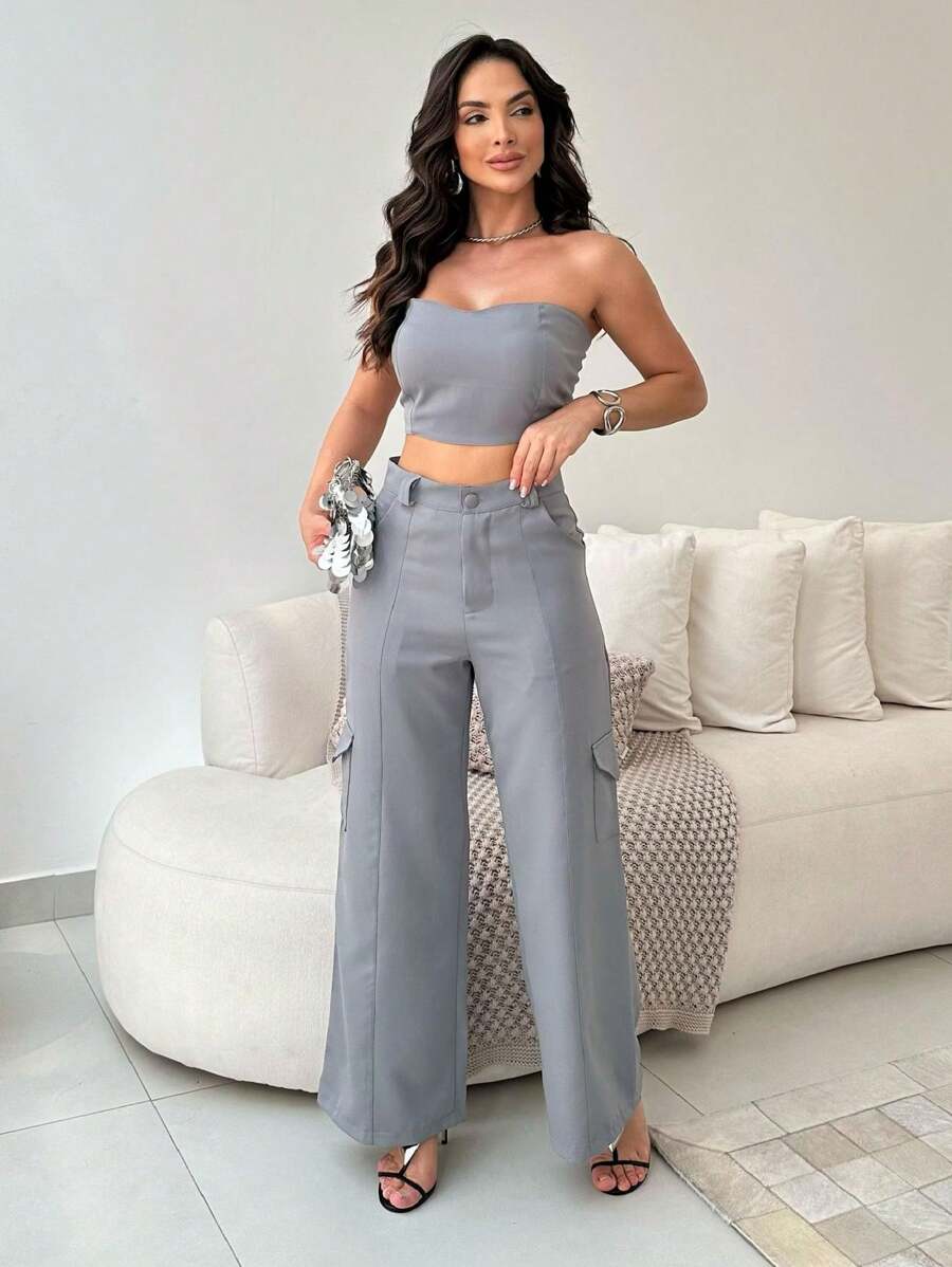 Conjunto Feminino Alfaiataria Casual Elegante Calça Cargo e Top