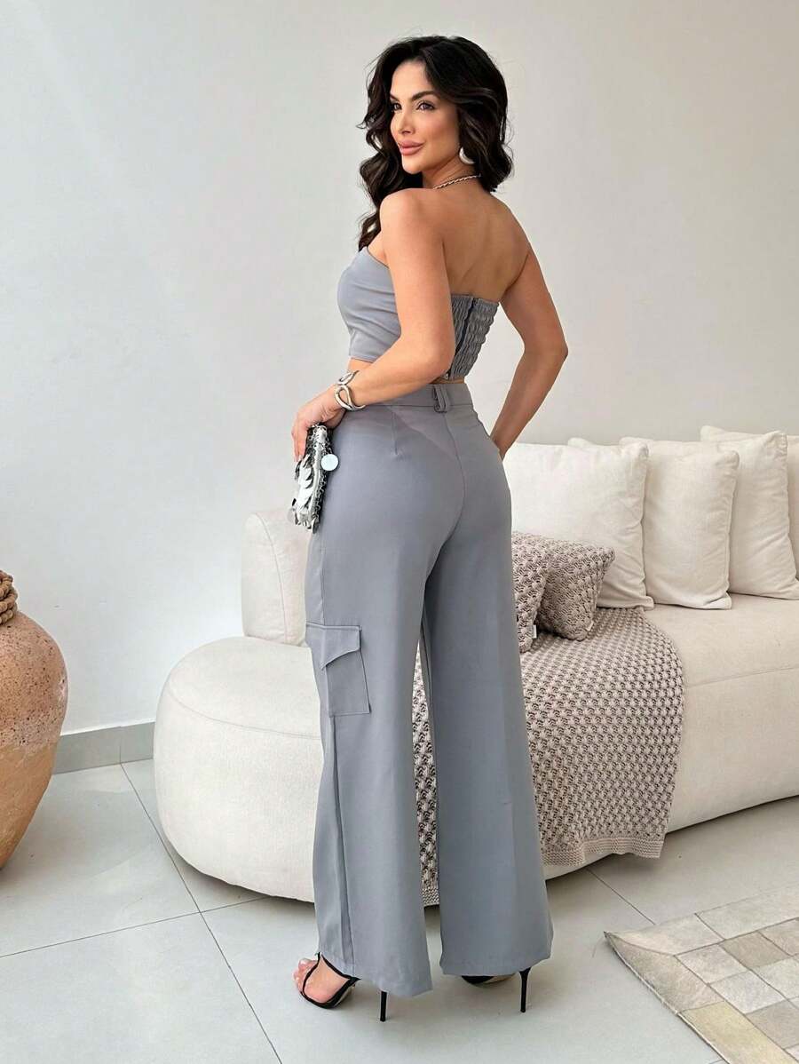 Conjunto Feminino Alfaiataria Casual Elegante Calça Cargo e Top