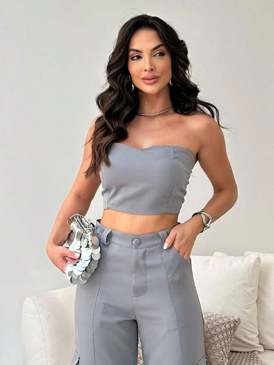 Conjunto Feminino Alfaiataria Casual Elegante Calça Cargo e Top