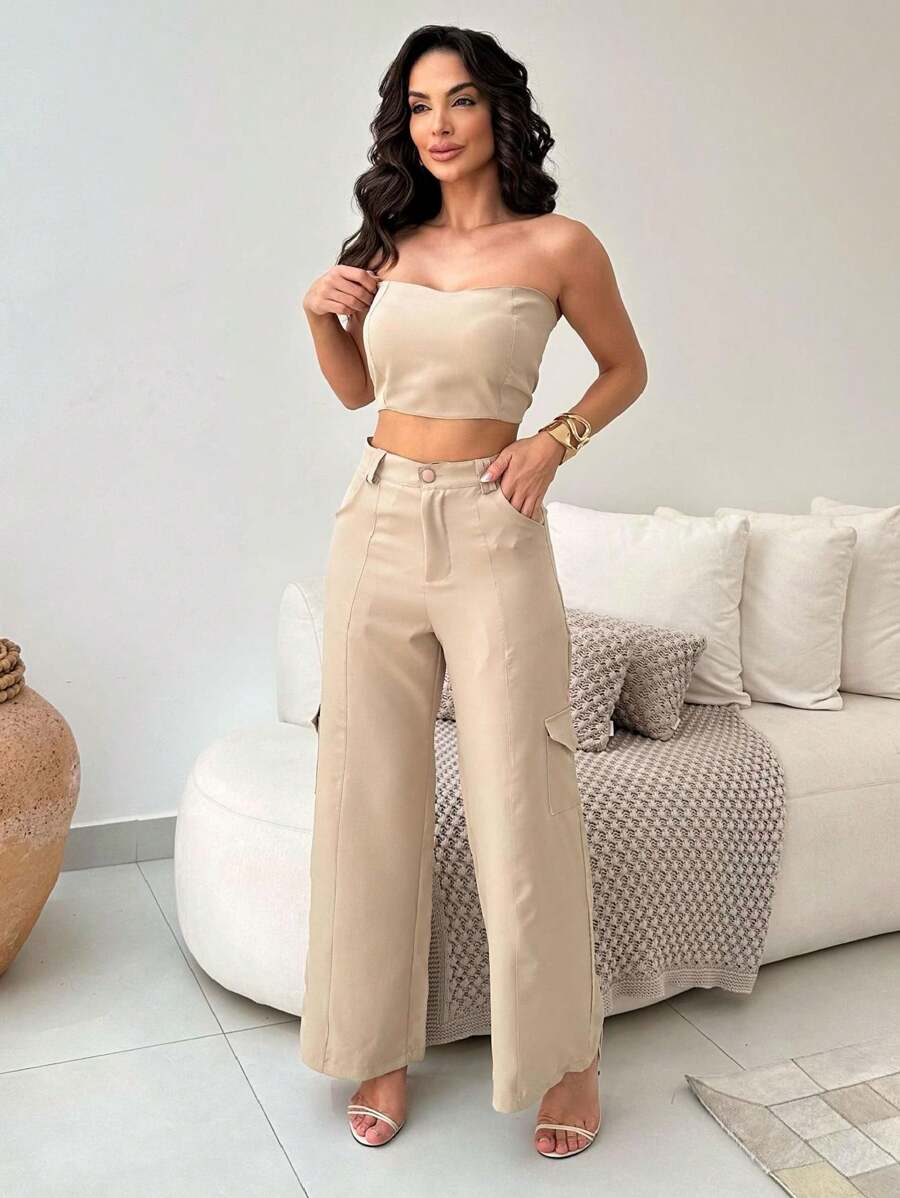 Conjunto Feminino Alfaiataria Casual Elegante Calça Cargo e Top
