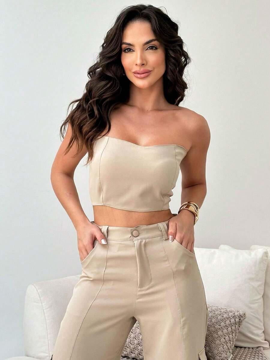 Conjunto Feminino Alfaiataria Casual Elegante Calça Cargo e Top