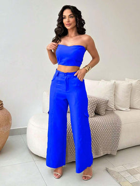 Conjunto Feminino Alfaiataria Casual Elegante Calça Cargo e Top