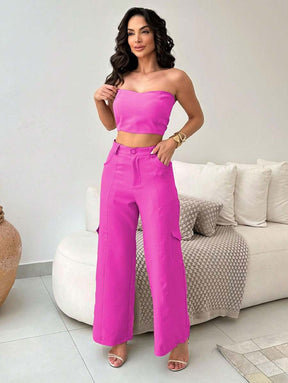 Conjunto Feminino Alfaiataria Casual Elegante Calça Cargo e Top