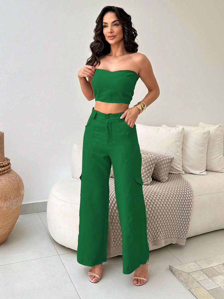Conjunto Feminino Alfaiataria Casual Elegante Calça Cargo e Top
