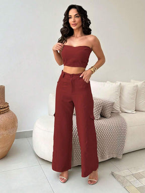 Conjunto Feminino Alfaiataria Casual Elegante Calça Cargo e Top