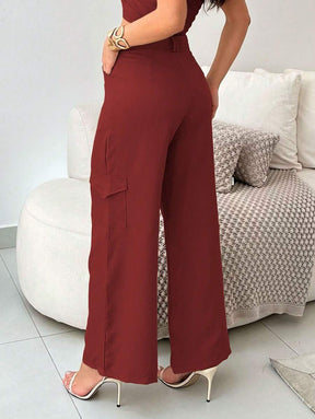 Conjunto Feminino Alfaiataria Casual Elegante Calça Cargo e Top