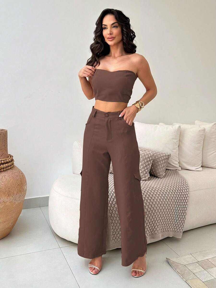 Conjunto Feminino Alfaiataria Casual Elegante Calça Cargo e Top