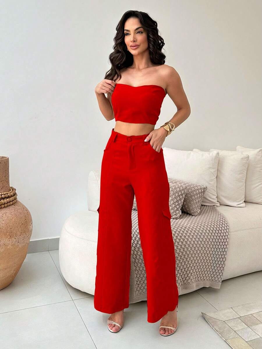Conjunto Feminino Alfaiataria Casual Elegante Calça Cargo e Top