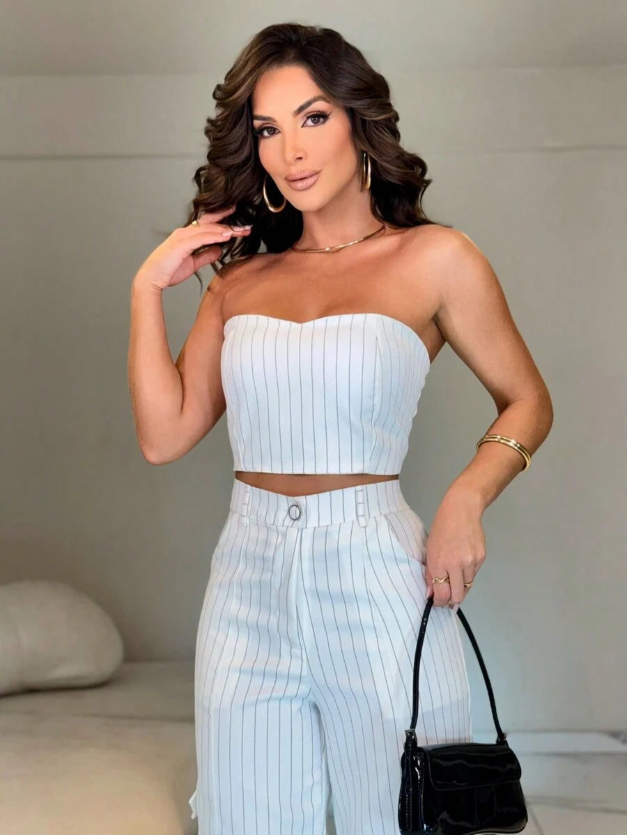 Conjunto Feminino Alfaiataria Casual Elegante Calça Cargo e Top