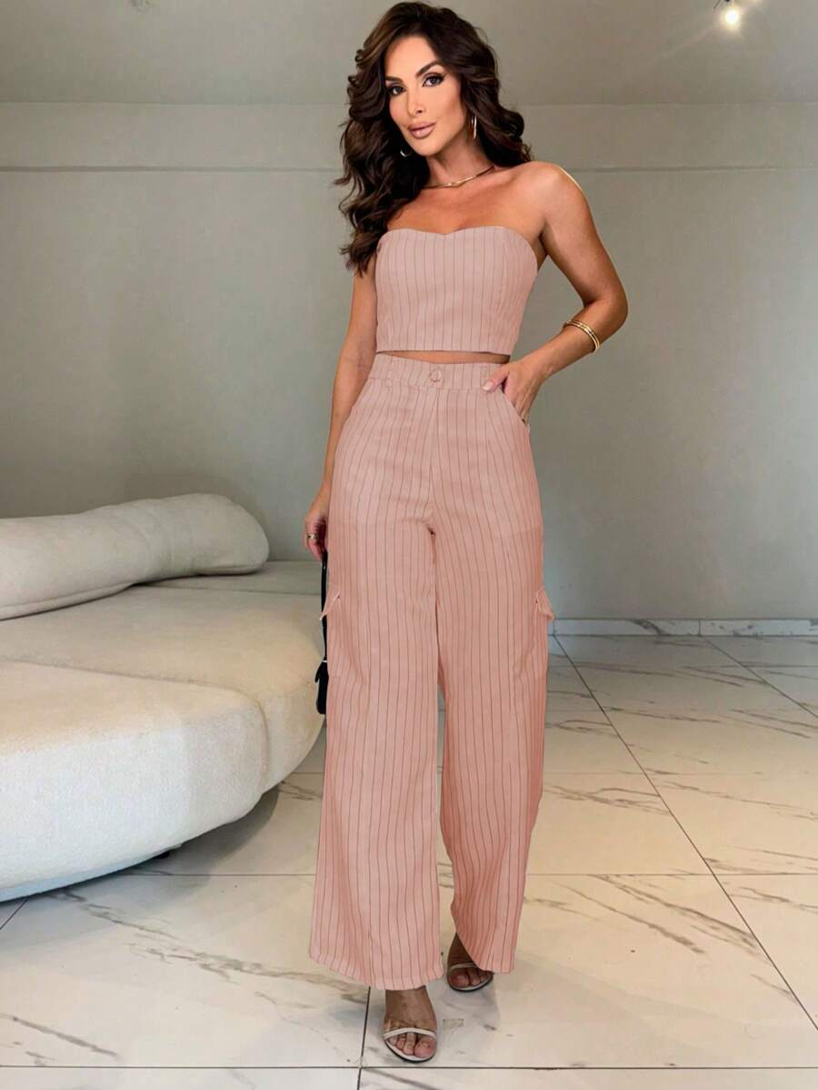 Conjunto Feminino Alfaiataria Casual Elegante Calça Cargo e Top