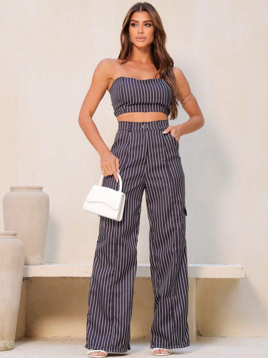 Conjunto Feminino Alfaiataria Casual Elegante Calça Cargo e Top
