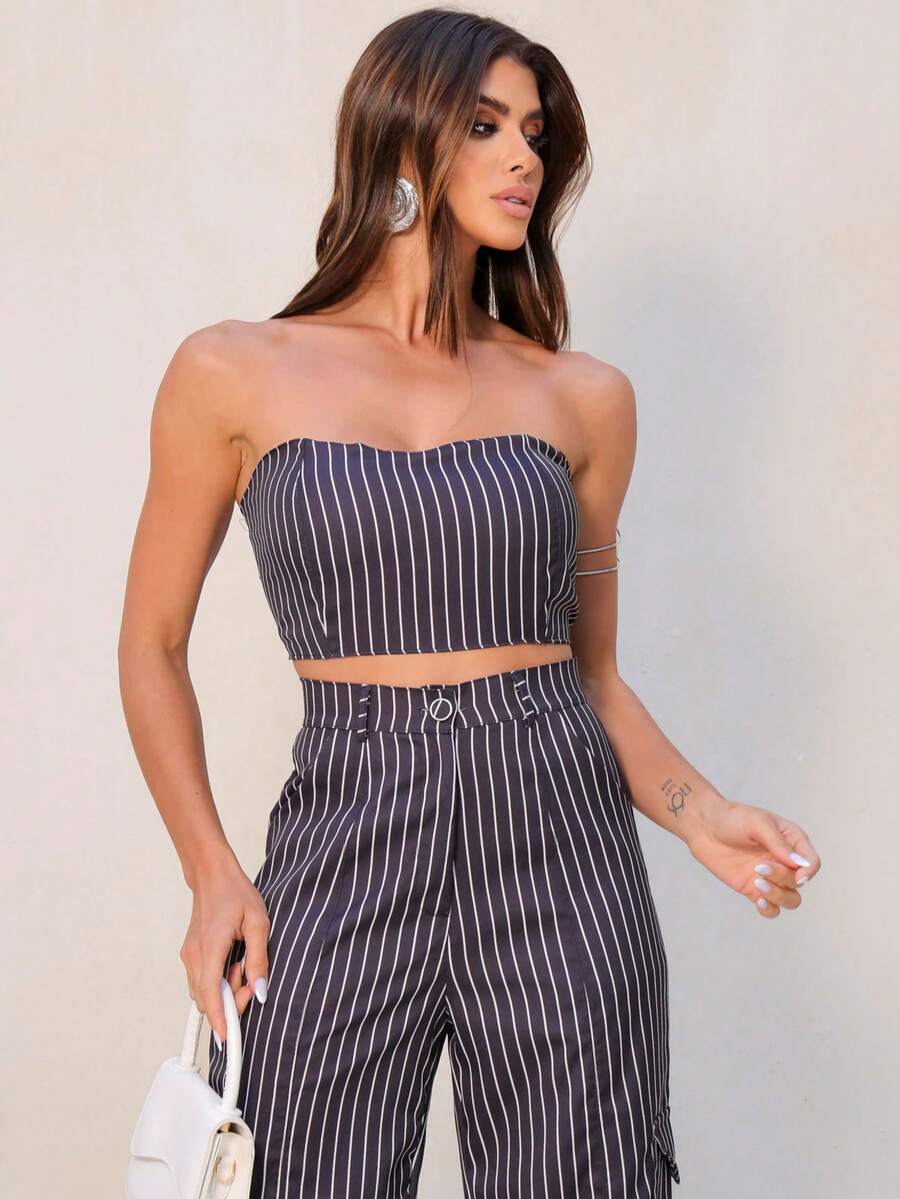 Conjunto Feminino Alfaiataria Casual Elegante Calça Cargo e Top