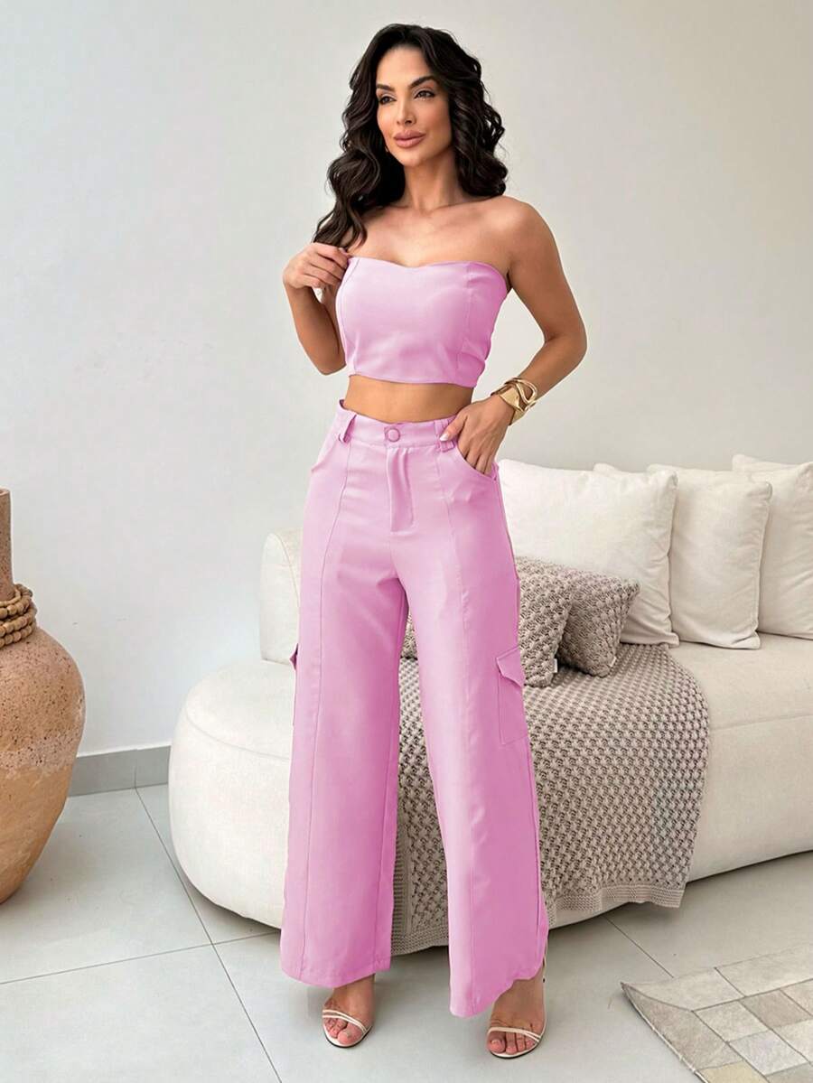 Conjunto Feminino Alfaiataria Casual Elegante Calça Cargo e Top