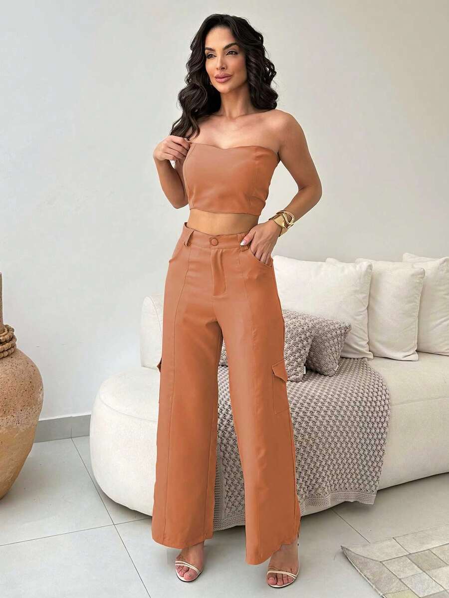 Conjunto Feminino Alfaiataria Casual Elegante Calça Cargo e Top