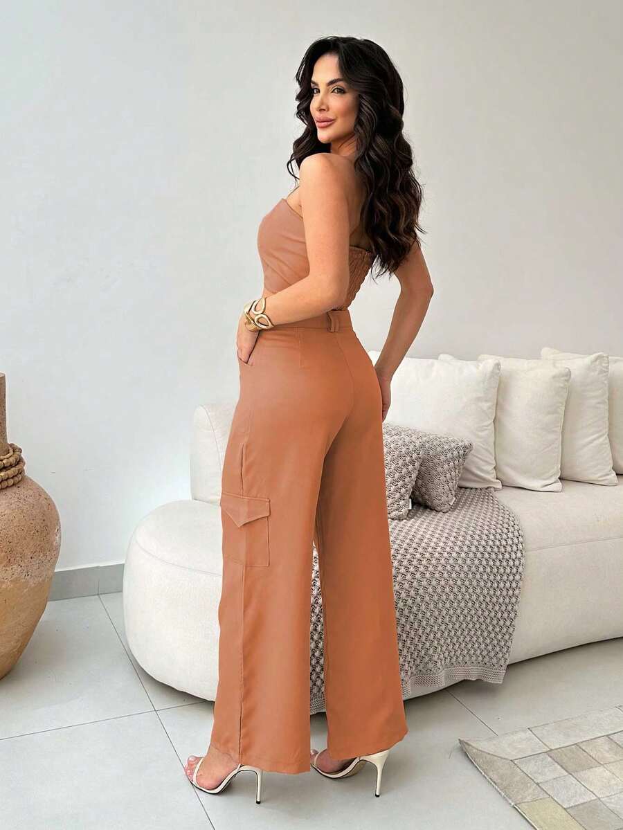 Conjunto Feminino Alfaiataria Casual Elegante Calça Cargo e Top
